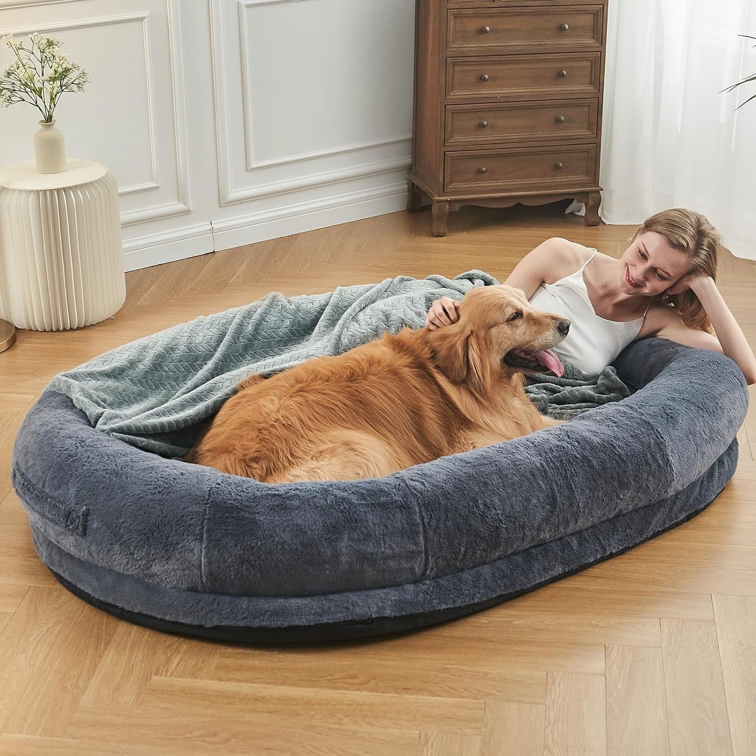 Human Dog Bed for People Adults, Giant Dog Bed for Humans (72"X48"X10"), Ultimate Comfort Washable Faux Fur Fluffy Dog Bed with Soft Blanket (Large, Grey)