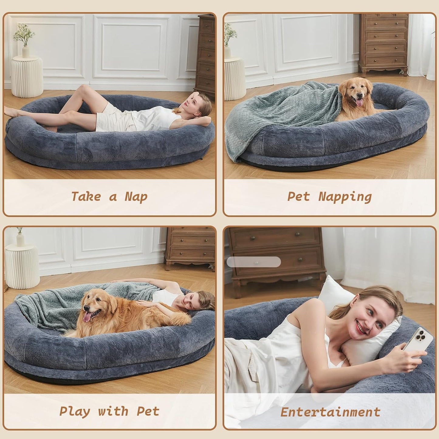 Human Dog Bed for People Adults, Giant Dog Bed for Humans (72"X48"X10"), Ultimate Comfort Washable Faux Fur Fluffy Dog Bed with Soft Blanket (Large, Grey)