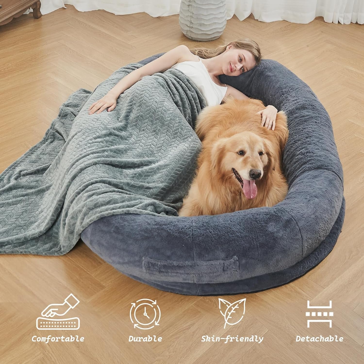 Human Dog Bed for People Adults, Giant Dog Bed for Humans (72"X48"X10"), Ultimate Comfort Washable Faux Fur Fluffy Dog Bed with Soft Blanket (Large, Grey)