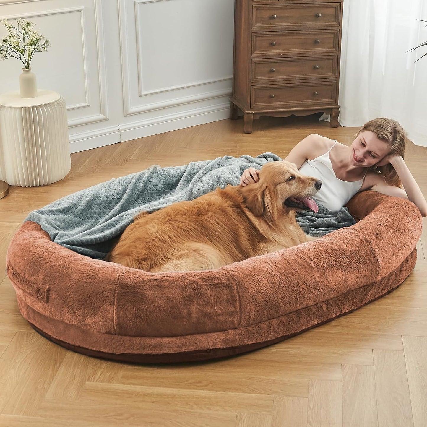 Human Dog Bed for People Adults, Giant Dog Bed for Humans (72"X48"X10"), Ultimate Comfort Washable Faux Fur Fluffy Dog Bed with Soft Blanket (Large, Grey)