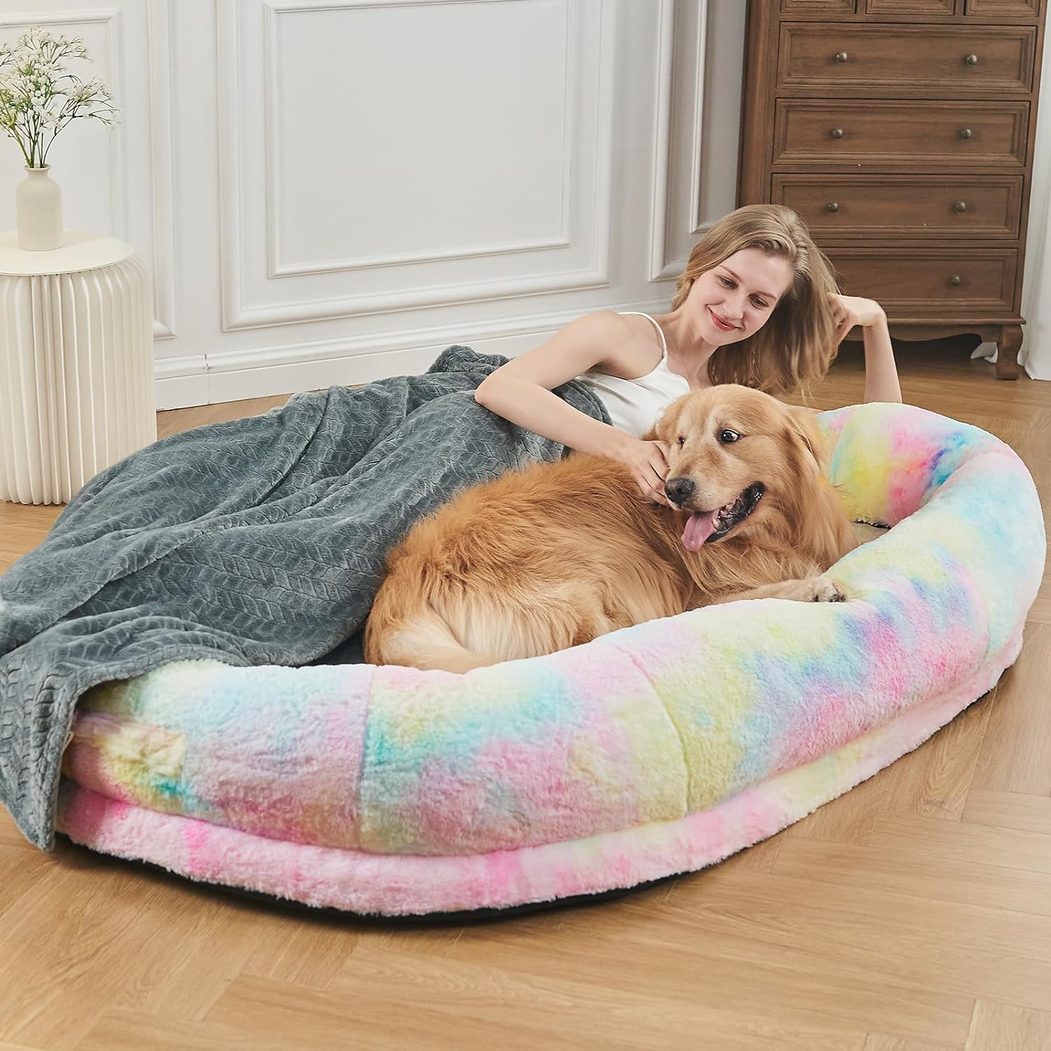 Human Dog Bed for People Adults, Giant Dog Bed for Humans (72"X48"X10"), Ultimate Comfort Washable Faux Fur Fluffy Dog Bed with Soft Blanket (Large, Grey)