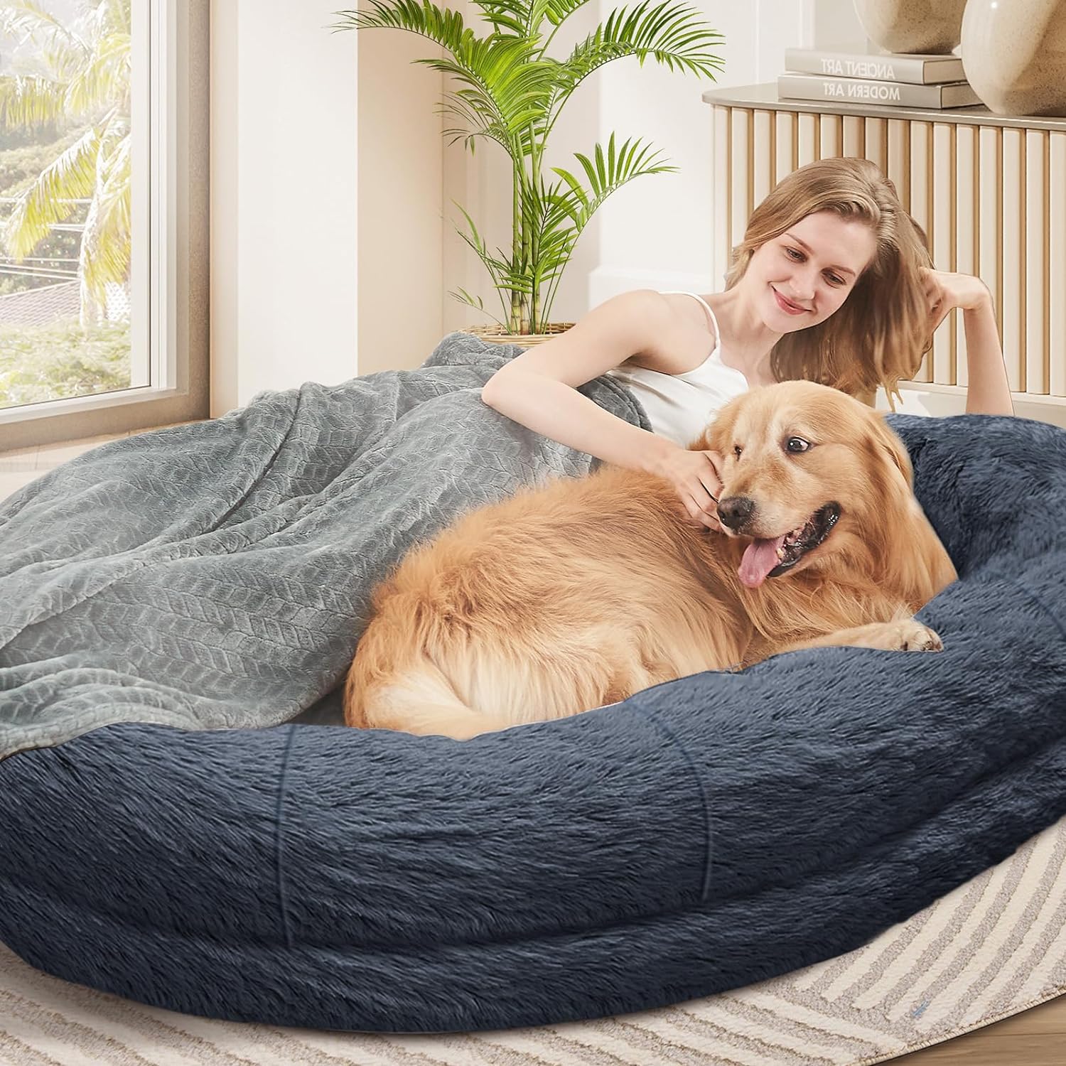 Human Dog Bed for People Adults, Giant Dog Bed for Humans (72"X48"X10"), Ultimate Comfort Washable Faux Fur Fluffy Dog Bed with Soft Blanket (Large, Grey)