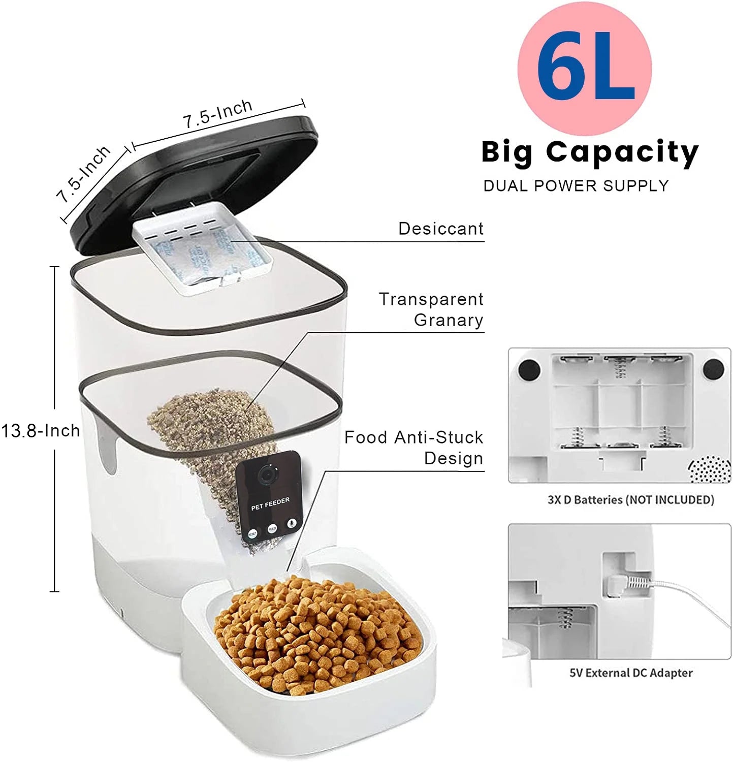 6L Automatic Pet Feeder for Dogs,1080P Camera, Wi-fi Food Dispenser with App Control