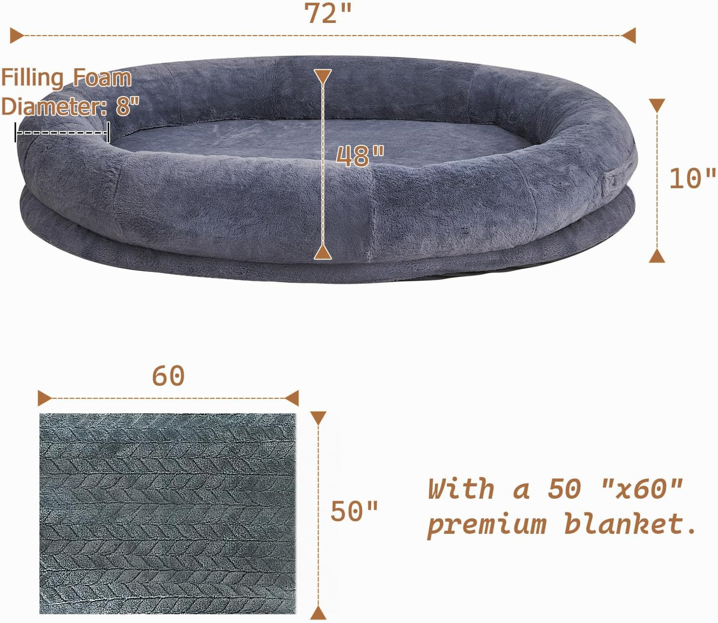 Human Dog Bed for People Adults, Giant Dog Bed for Humans (72"X48"X10"), Ultimate Comfort Washable Faux Fur Fluffy Dog Bed with Soft Blanket (Large, Grey)